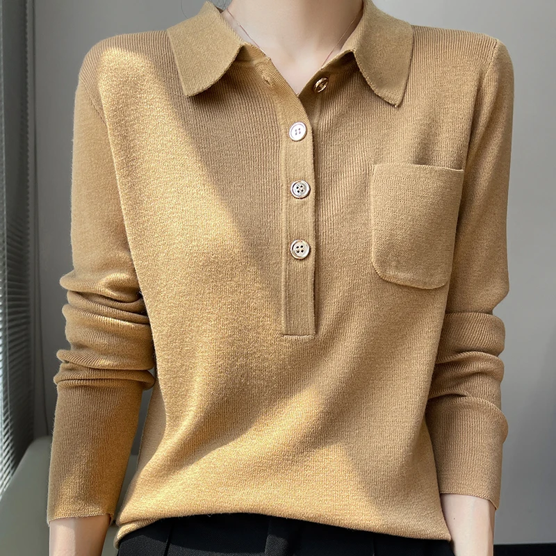 Women 100% Pure Merino Wool Soft Sweater Polo Collar Pullover Autumn Winter Casual Knit Tops Solid Color Regular Female Knitwear