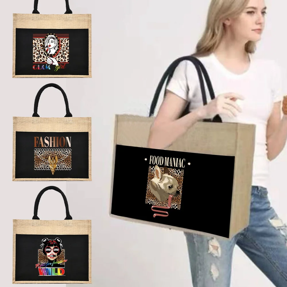 Jute Handbag Linen Shoulder Sacks Jute Imitation Sacks Linen Bags Women Shopping Tote Laminated Bags Leopard Print Style 2026