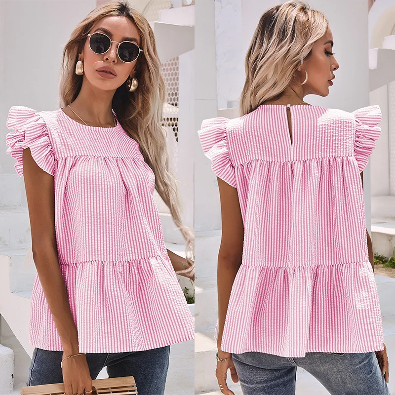 

Summer Clothes for Women New Sweet Crew Neck Striped Printing Ruffles Patchwork Sleeveless Folds Solid Loose Female T-shirt Top