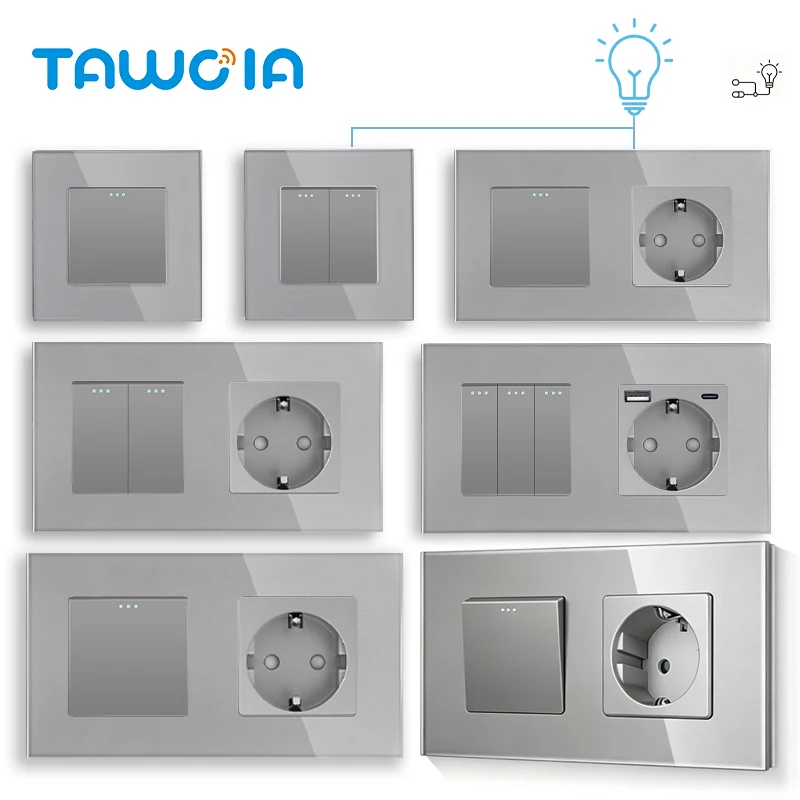 TAWOIA 1/2/3Gang Wall Switches Mechanical Button Switch Plus EU 20W Type-C USB Sockets 2Way For Stairs Bedroom Gray Glass Frames