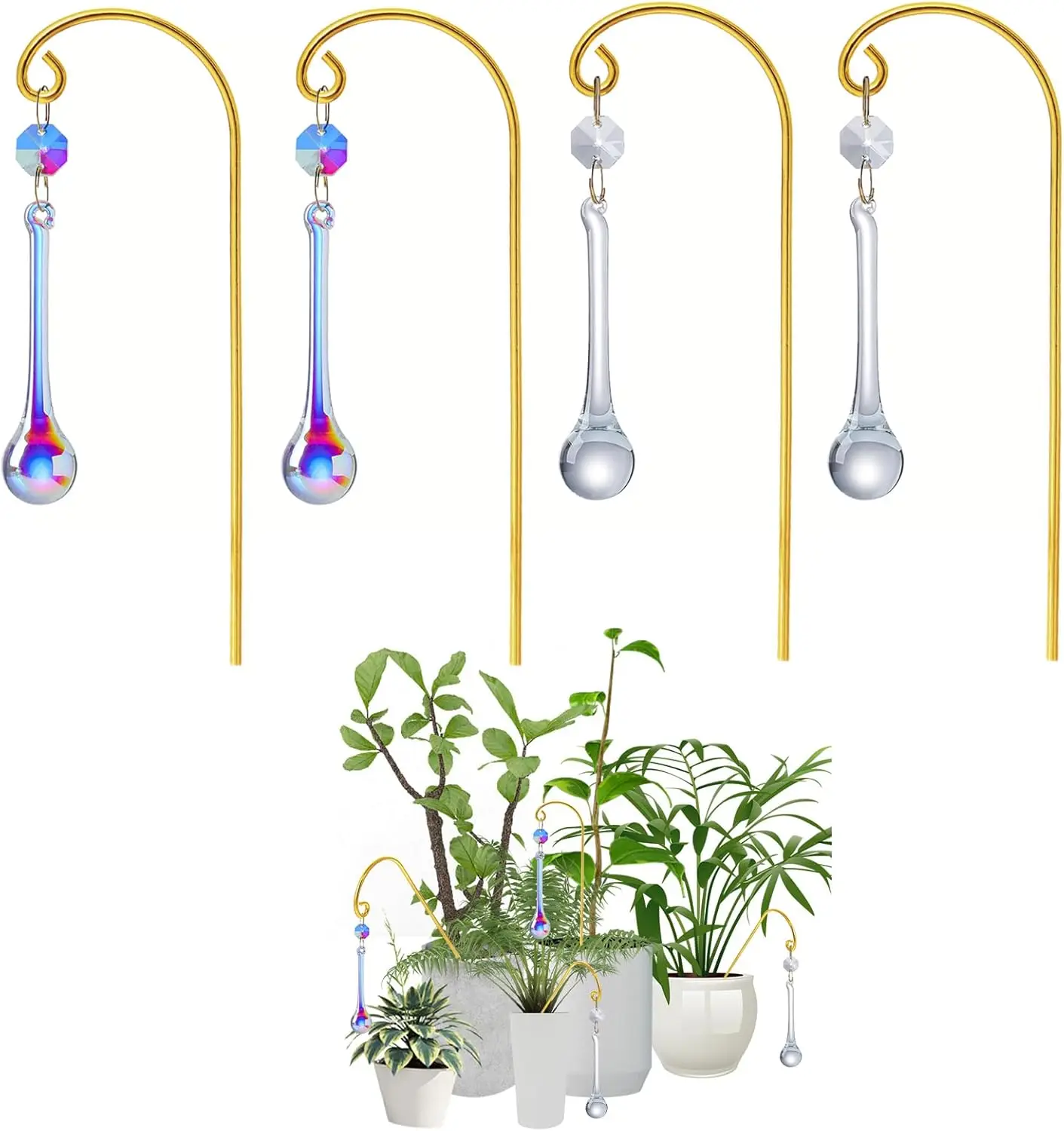 4PC Potted Plant Trellis with Colorful Crystal Sun Catchers Fairy Stakes Home Window Garden Decoration Fairy Garden Accessory