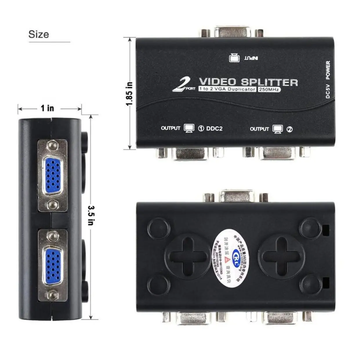 (A23G) 2 Ports VGA Splitter 1 to 2 1 Pc to 2 Monitor VGA SVGA Video LCD Screen Splitter Box Adapter with Power Cable 250MHz(EU)
