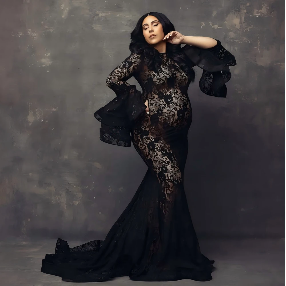 sexy-black-lace-mermaid-long-puffy-sleeve-matenity-gowns-illusion-light-weight-flowy-pregnancy-gown-for-photo-shoot-custom-made