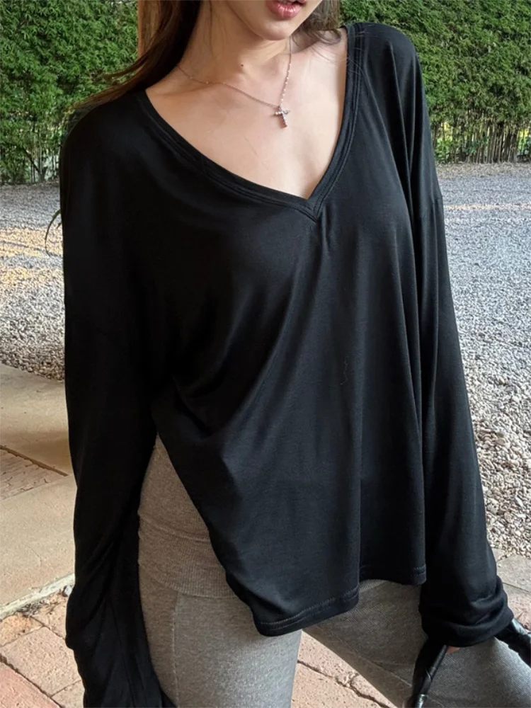 Mulheres oversized t camisa primavera verão com decote em v moda casual solto fino manga longa topo pullovers chique branco ver através camiseta