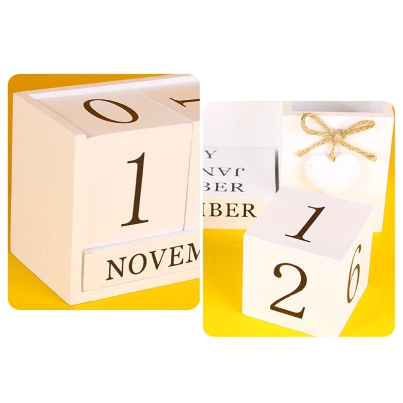 Wooden Permanent Calendar with Pen Holder, Desk Pen Holder with Blocks Permanent Calendar Office Desk Decorations K1KF