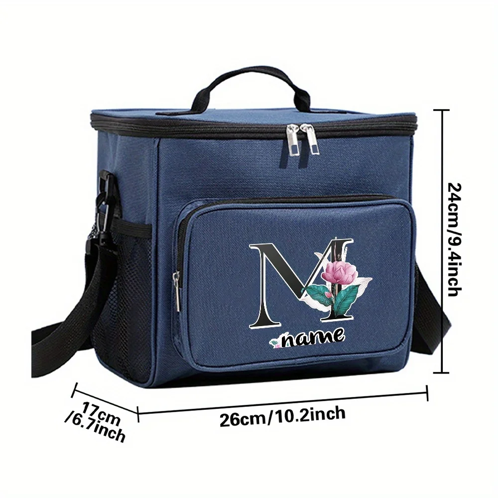 Customizable Name Blue Lunch Bag Insulated Handbag Black Letter Series Multi Functional Picnic Lunch Box Waterproof Lunch Box