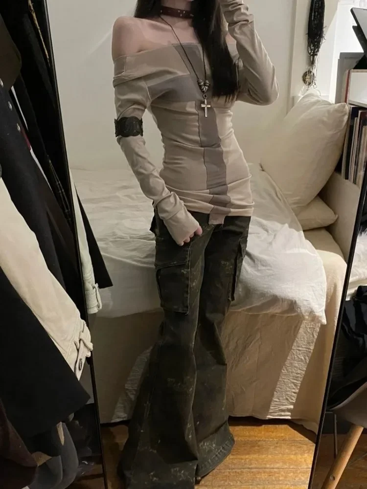 T-shirt manica lunga patchwork croce americana donna 2025 inizio autunno nuove top Mujer Y2k Slim Fit che tocca il fondo Tees