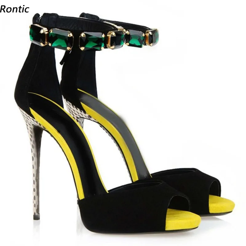 

Rontic Handmade Women Ankle Strap Sandals Faux Suede Rhinestone Stiletto Heels Open Toe Pretty Black Party Shoes US Size 5-15