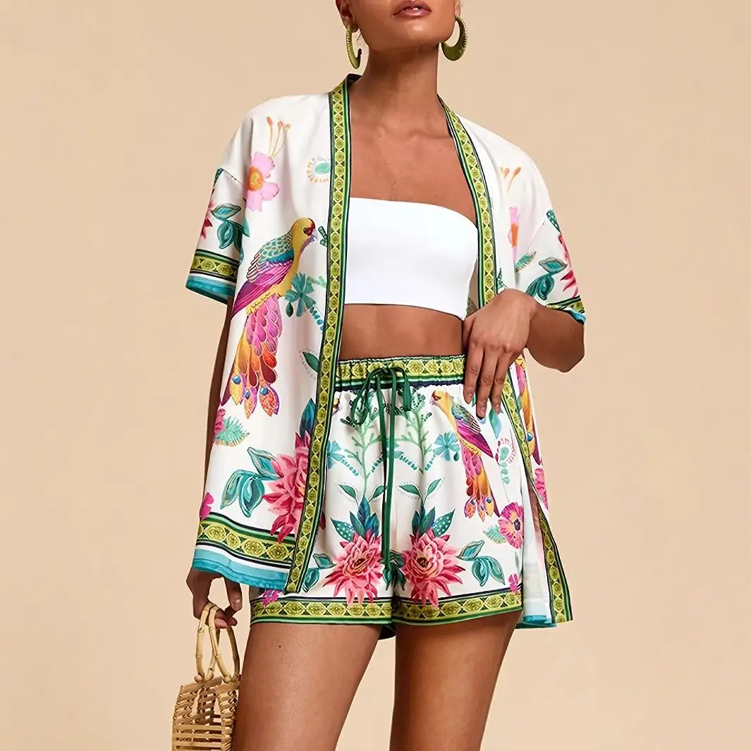 

Tropical Printed Two-Piece Set Women's Fashion Spring Season Three-Quarter Sleeve Ethnic Style Short Sved Top And Shorts