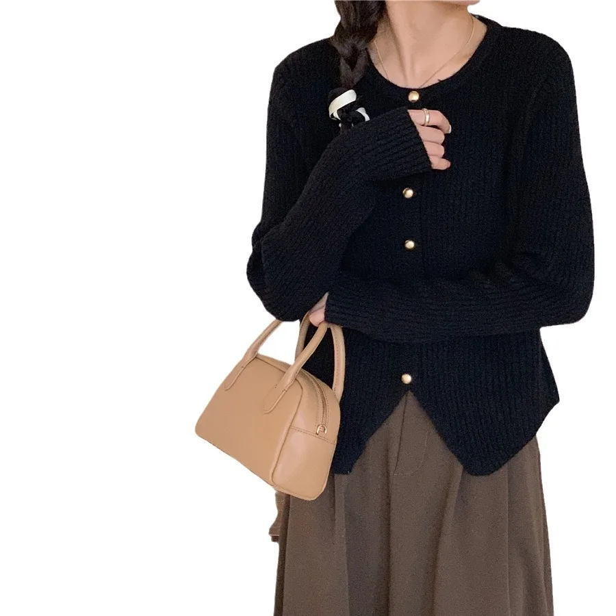 Chaqueta interior elegante de un solo botón para mujer, cárdigan de punto elegante INS, suéter informal liso de manga larga con cuello redondo, abrigo