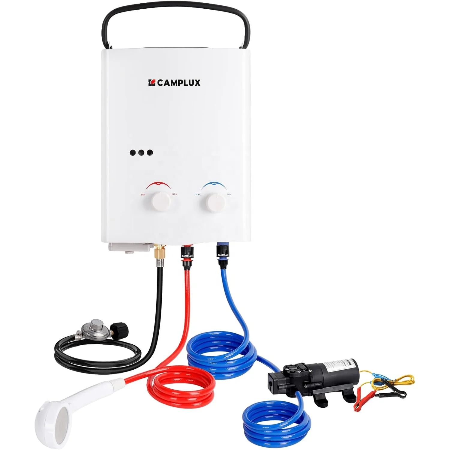 

CAMPLUX AY132P43 Tankless Water Heater Outdoor, 1.32 GPM Portable Propane Camping Water Heater, 5L, With Pump, White