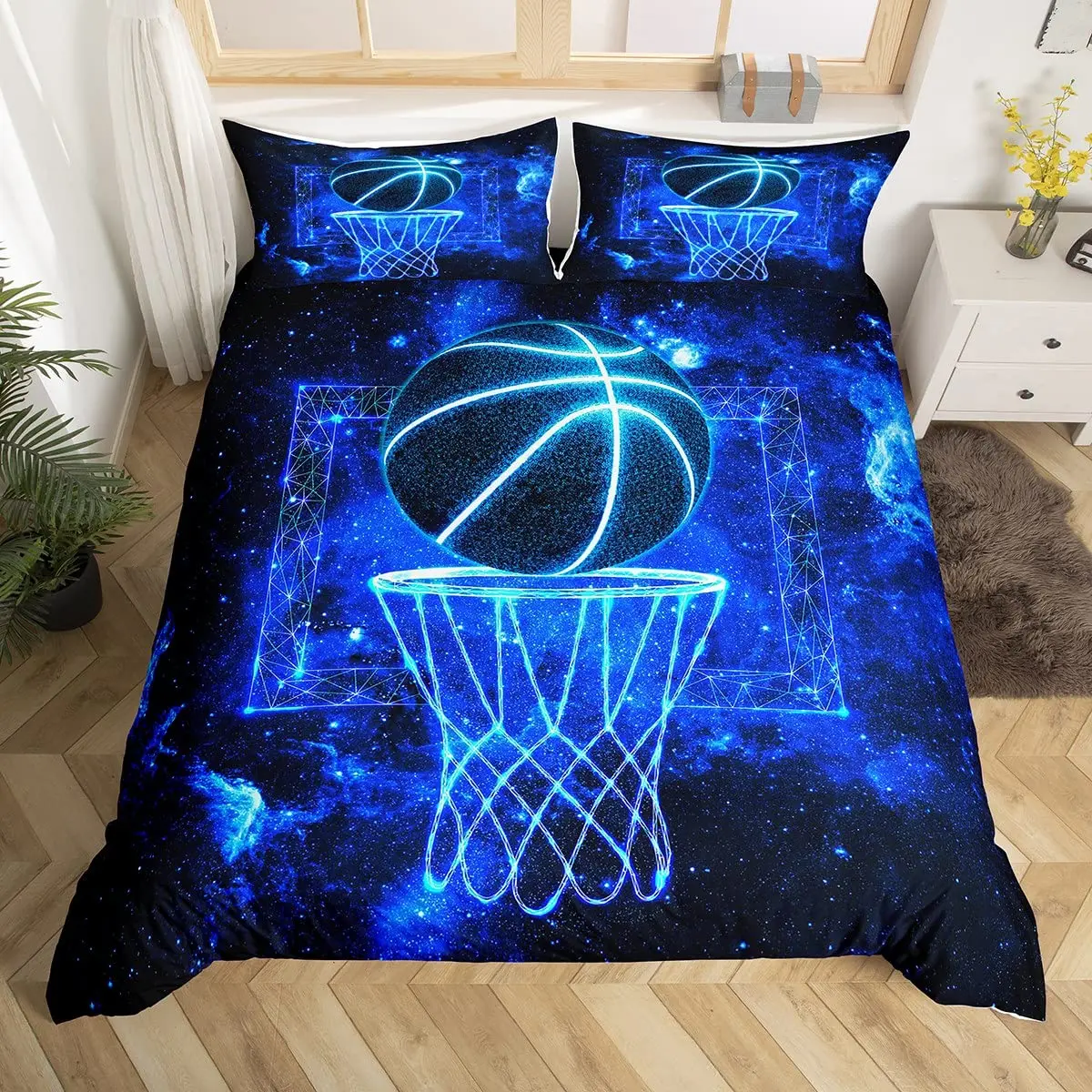 Basketball Court Print Bedding Set Twin Size,Ball Sports Games Themed Duvet Cover, Boys Game Room Decor Comforter Cover