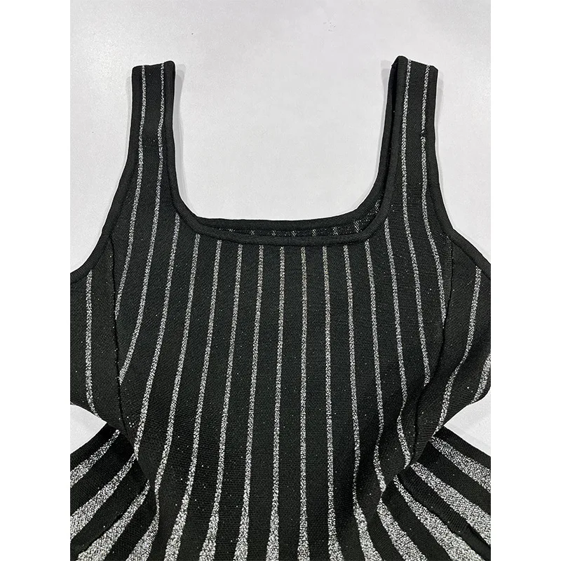 

Black Suspender Dress Luxury BrandTemperament Contrasting Color Vertical Stripes Silver Shiny Knitted Short Skirt 25 Autumn New