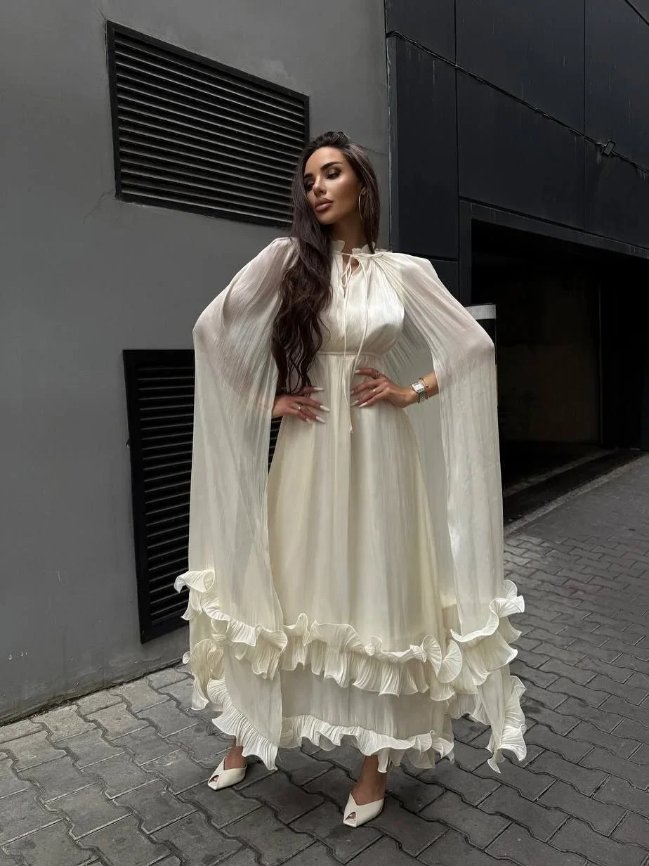 2026 New Evening Party Robes Multi-layer Ruffled Hem Sleeveless With Cape Maxi Dress Women Round Collar Lace Up Long Dresses
