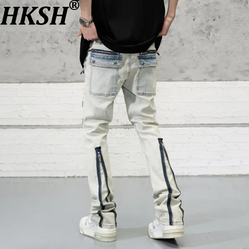 

Джинсы HKSH весна-лето, новые, мужские, в стиле сафари, с задними молниями, модные, в уличном стиле, слегка расклешенные, джинсовые брюки, женские, HK21147