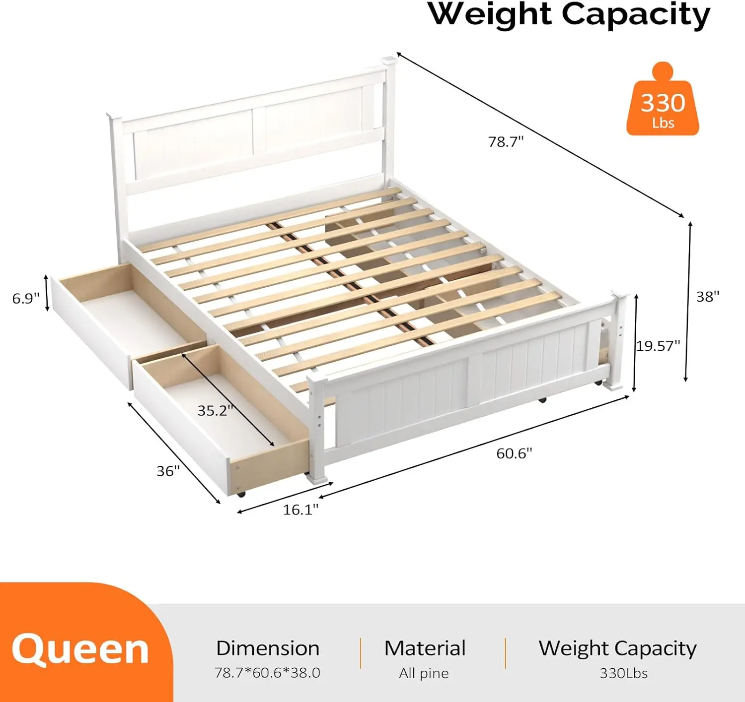 Vingli Wood Queen Size Bed Frame With 4 Storage Drawers, Solid Wood Platform Bed With Headboard, Spave-Saving Queen Bed For