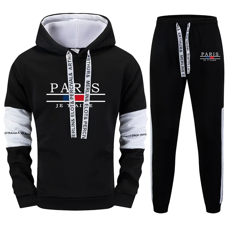 

Hot Sales Mens Outfits Printing Casual Hooded Sweatshirt Set Outdoors Sports Jogging Mens Clothing Daily Black White Tracksuit