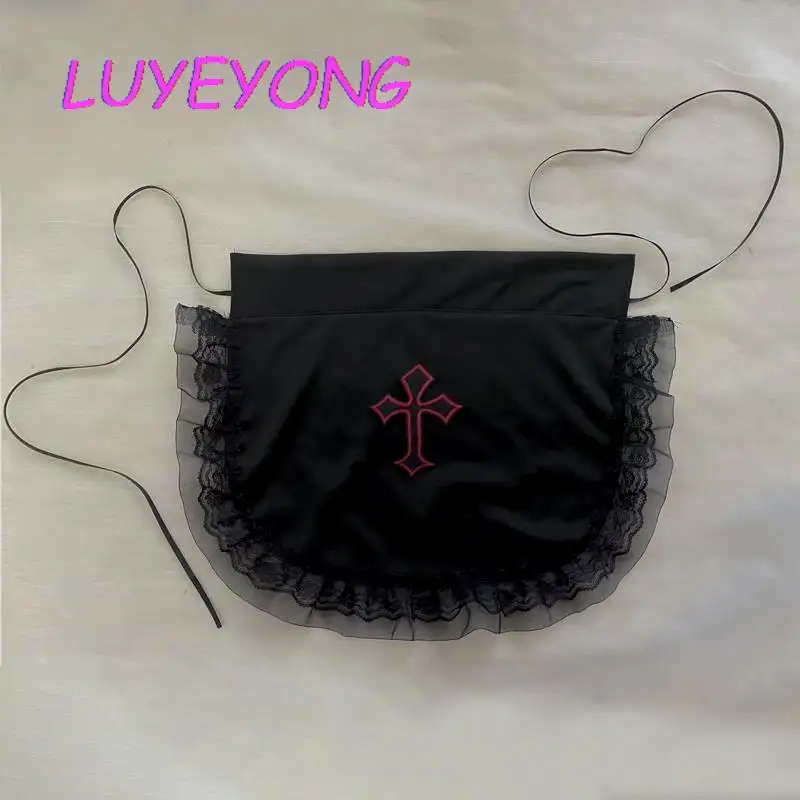 

Korean Lolita Apron Y2k Style Girl Cosplay Cross Goth Sweet Lace-up Aprons Black White Female Sexy Lace Patch Sleeveless Top