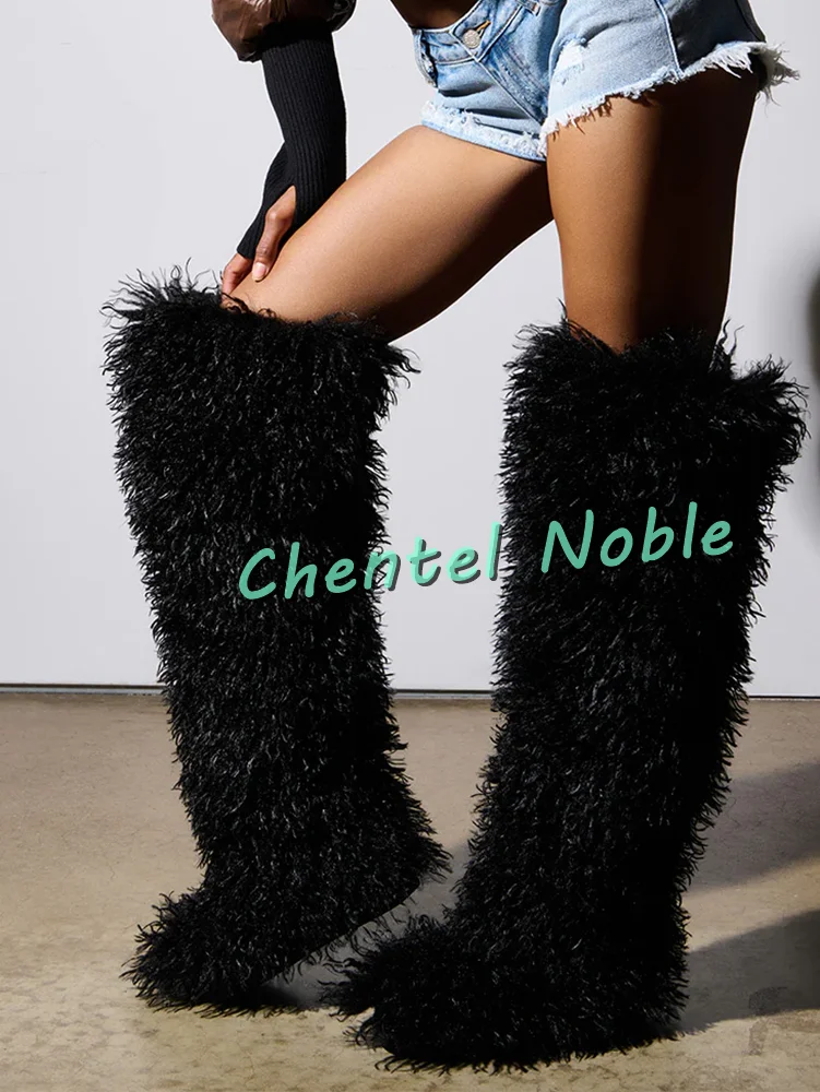 Black Fur Solid Round Toe Knee-high Boots Pull-on Round Toe Winter Women Slip-on Hot Girl 2025 New Arrivals Hot Girl Luxury