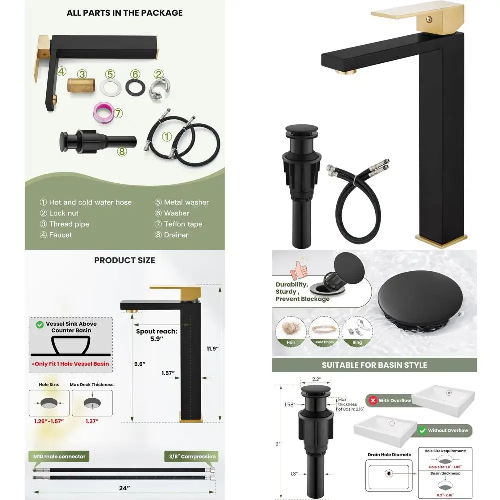 

Single Handle Tall Bathroom Sink Faucet with Matching Hose & Pop-up Drain, Matte Black & Brushed Gold, No Overflow