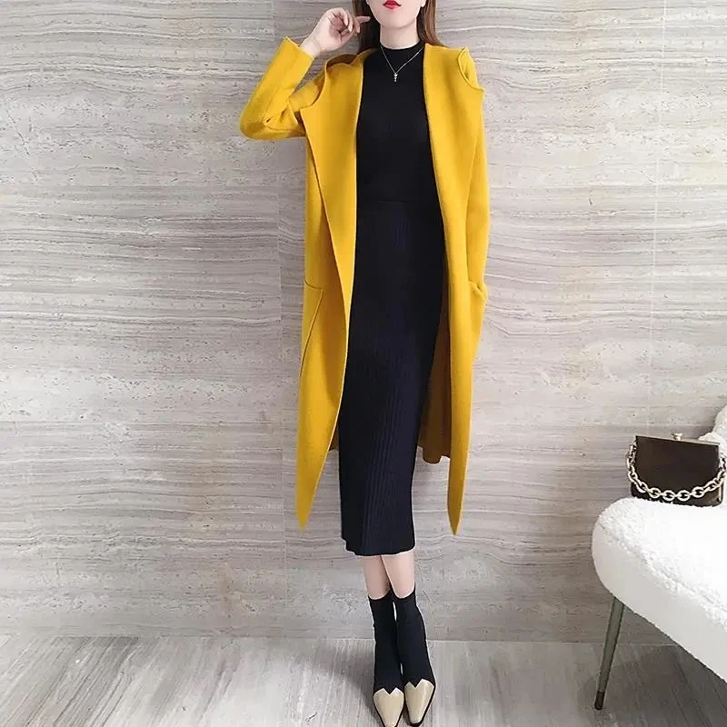 Yellow Knitted Cardigan Women Clothing Hooded Long Sweater Coat 2022 Autumn Winter Korean Fashion Loose Pocket Sueters De Mujer