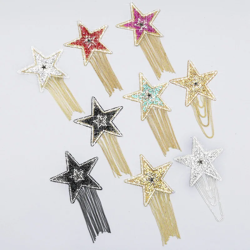 

1P 5-Point Star Fringe Rhinestone Patch DIY Hotfix Applique with Sparkling Edges Embroidery Patches Modern Star Embroidery Patch