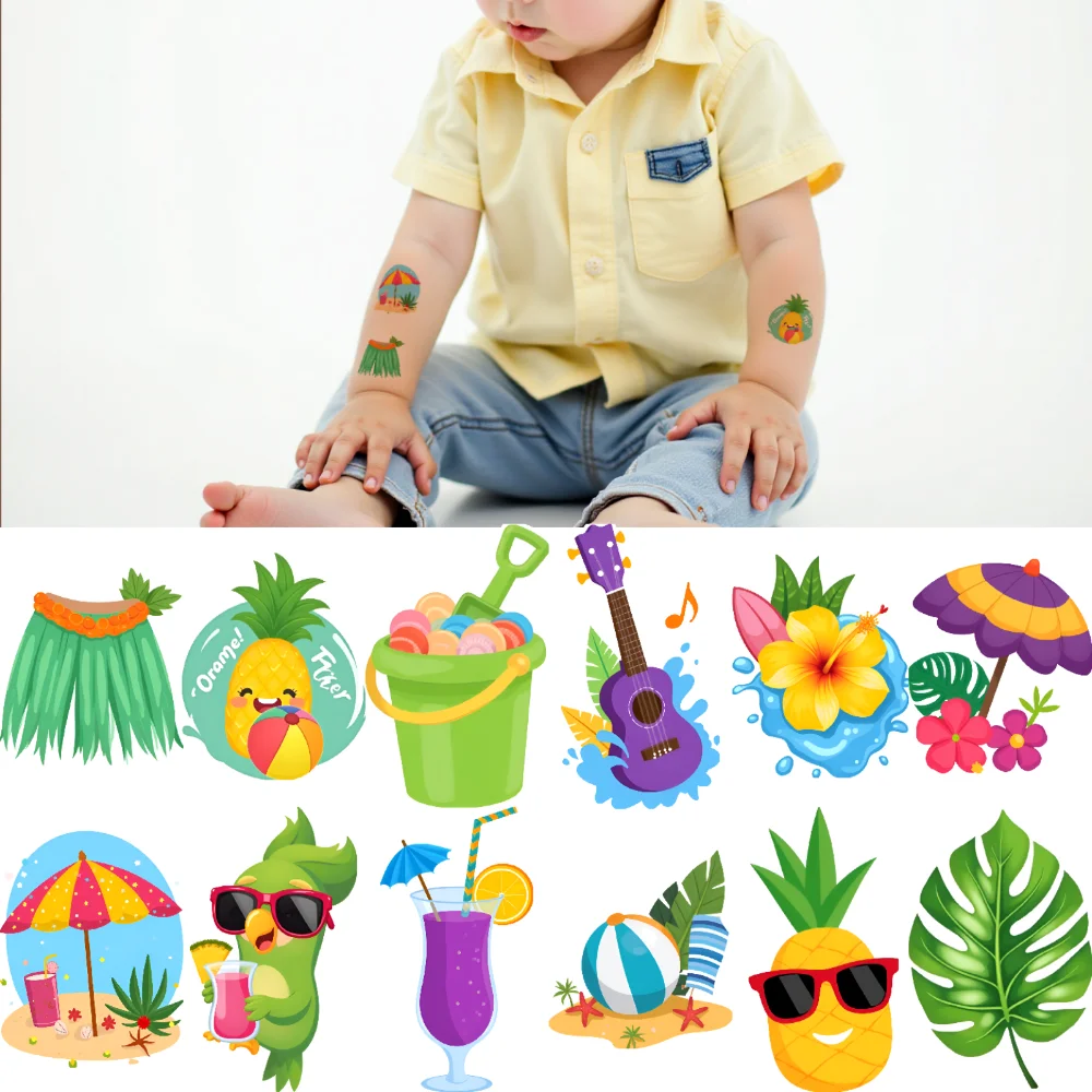 

54pcs Temporary Tattoo Cartoon Surfboard Parrot Sunglasses For Girls Shoulders Cheeks