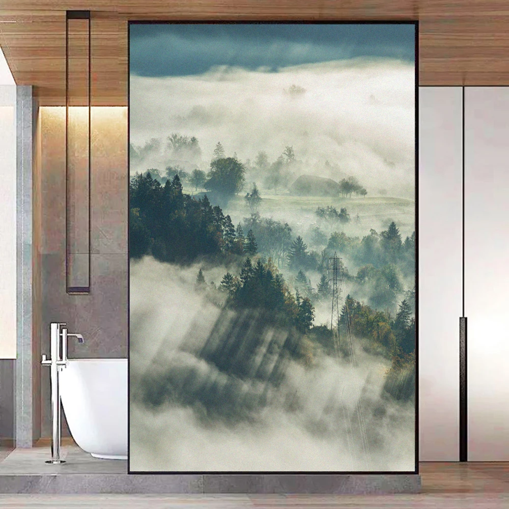 Static Cling Privacy Window Film Heat Control UV Blocking Window Glass Film Foggy Forest Scenery Frosted Window Film