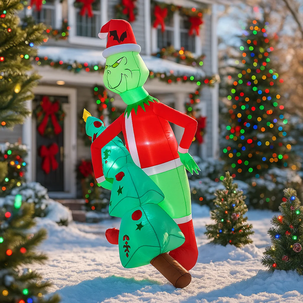Decoraciones navideñas de 2,1 M/6,8 pies, juguete inflable Grinch con árboles de Navidad, adornos para el patio del hogar, decoración LED, juguete para fiesta de Navidad