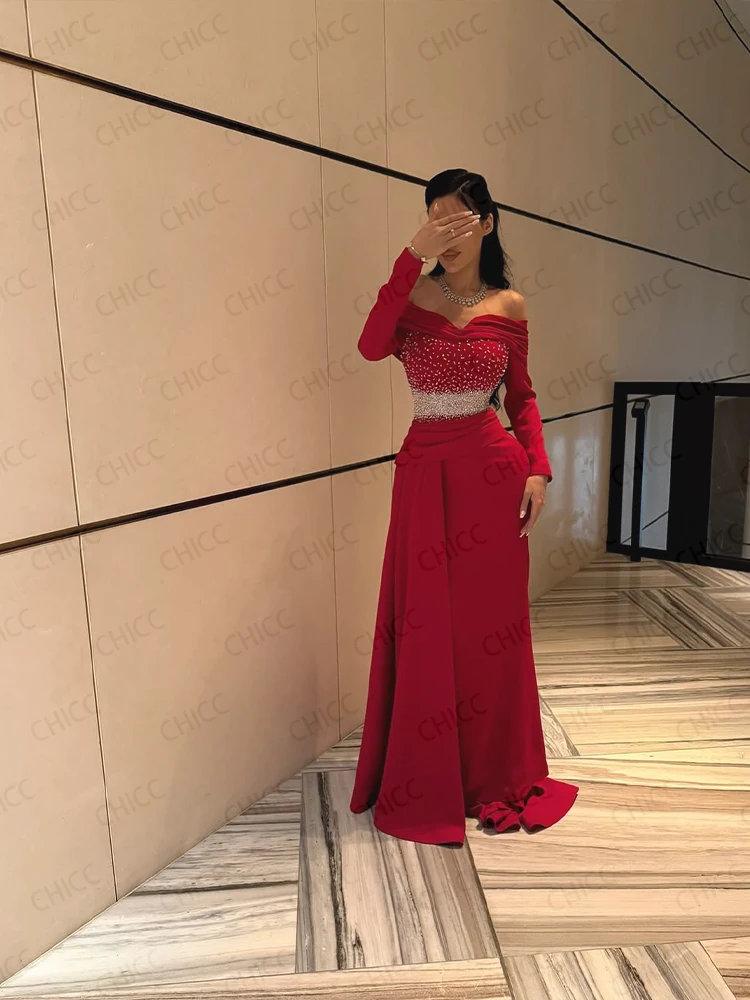 Robes de soirée rouges épaules dénudées à manches longues robe de bal élégante Gala Arbic robe de soirée d'invité de mariage robes de soirée personnalisées