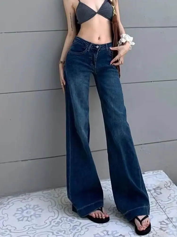 

Spicy Girl Black Flared Jeans Low Waist Retro Wide Leg Pants American Style Loose Straight Denim for Women Spring