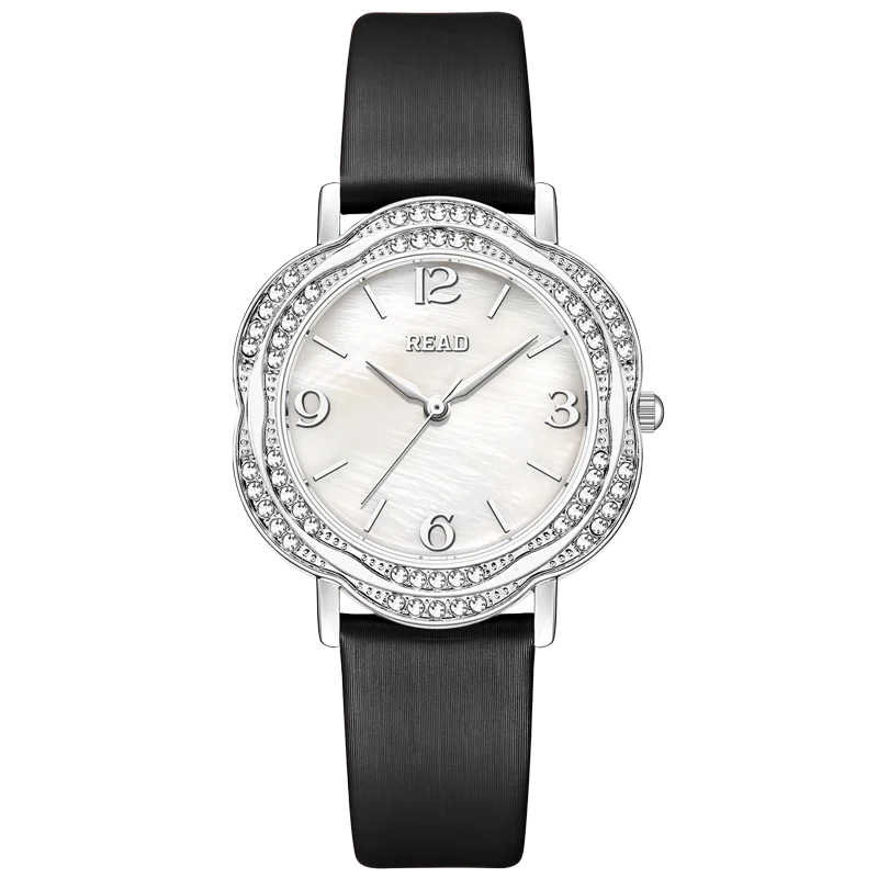 READ Ladies Analog Wrist Watch | Flower‑Shaped Case | Sparkle Bezel | Black Textured Band | Daily Water Resistant Dress Watch