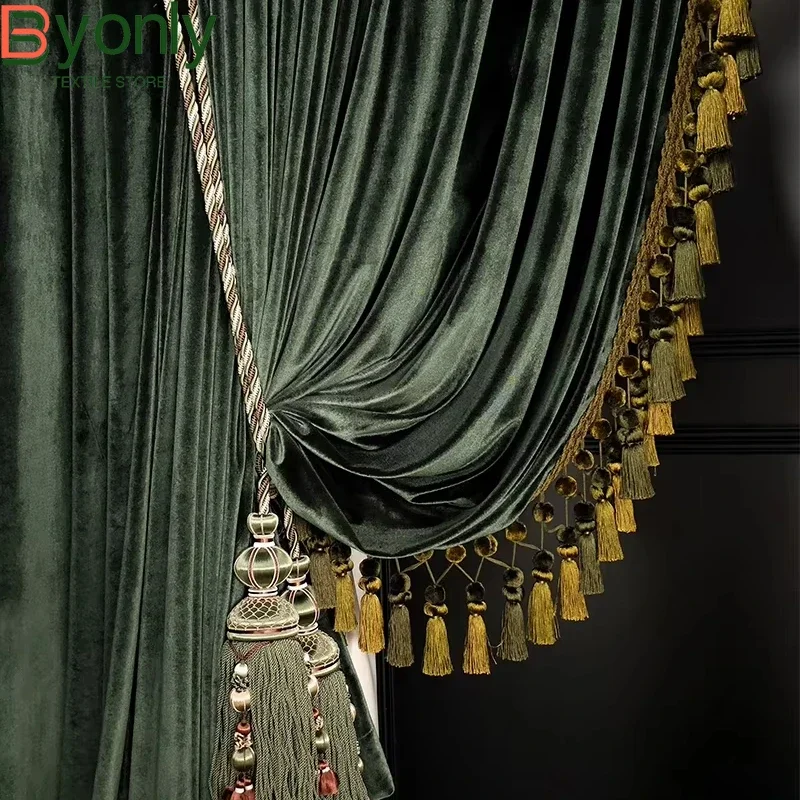 

Luxury Retro Dark Green Velvet Tassels Thickened Blackout Curtains for Living Room Bedroom French Window Villa Customization