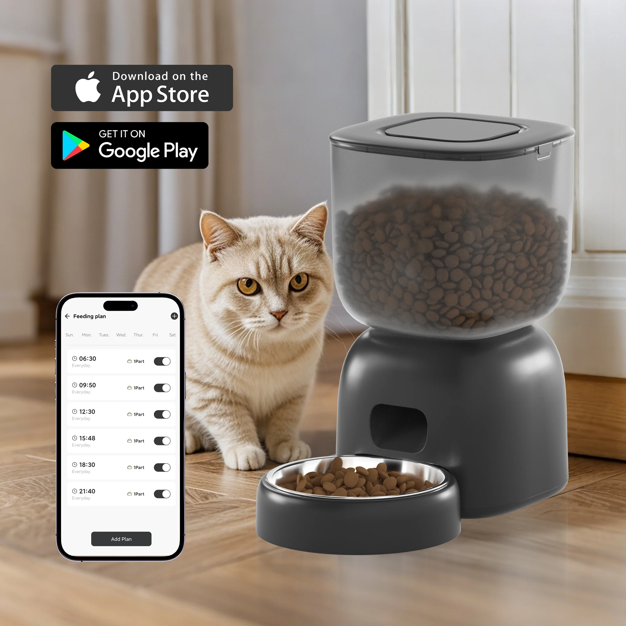 Petwant Automatic Cat Feeder 3L Supports WiFi APP Remote Control 10s Voice Recording Dual Power Supply Cat Food Kibble Dispenser