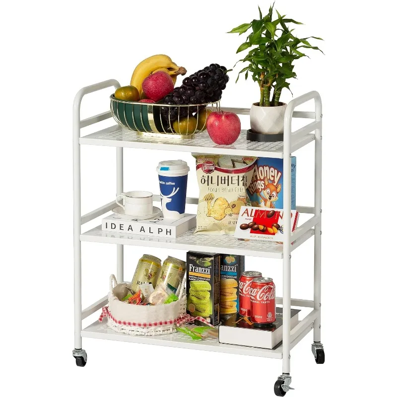 

3 Tier Rolling Cart-Rolling Cart with 2 Lockable Wheels,Trolley Cart with Wheels for Versatile Storage and Easy Mobility(White)