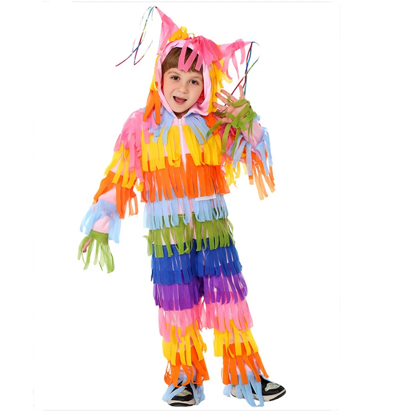 

Halloween Costumes Kids Pinata Fancy Dress Up Birthday Party Carnival Colorful Hooded Jumpsuit Mexican Piñata Costume For Child