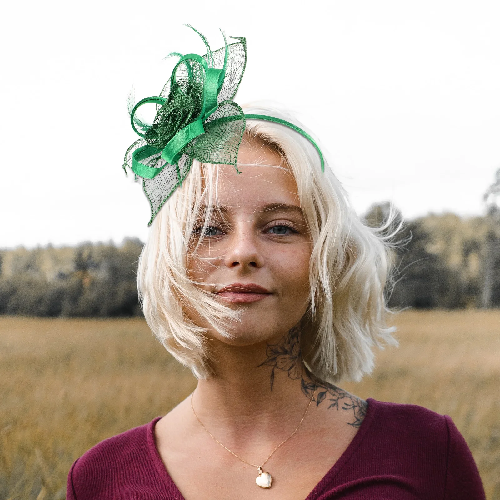

Vintage Green Organza Fascinator Hat Mesh Bridal Hair Accessories Women Wedding Banquet Tea Party Headpieces Peacock Headpiece