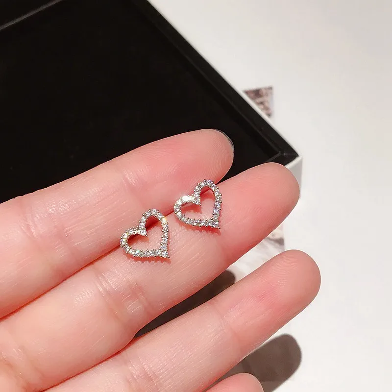 Korean Earrings S925 Silver Color Heart Bling Zircon Stone Stud Earrings for Women Fashion Jewelry Trend