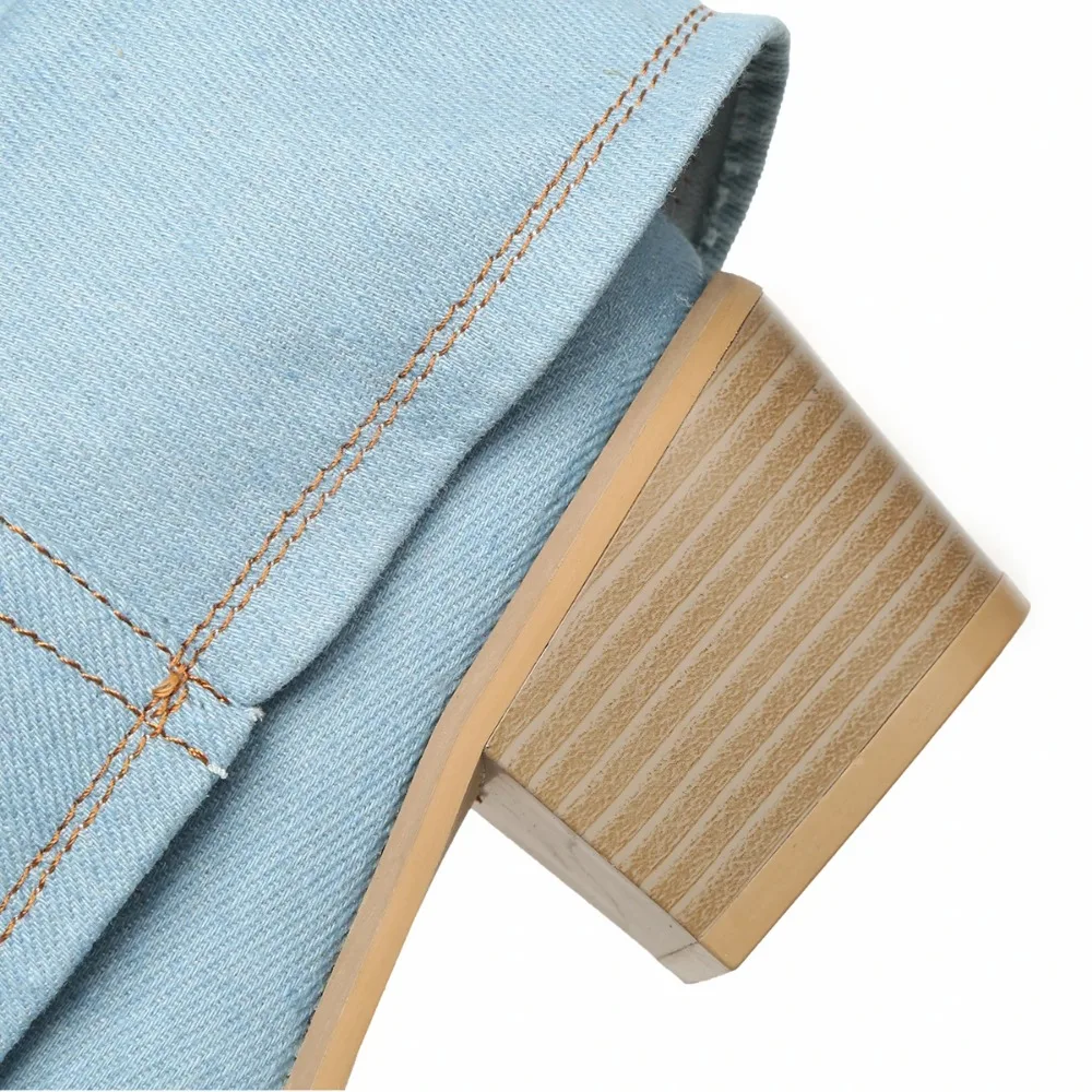 Pleated Block Heels Denim Boots for Women Autumn Pointed Toe Women High Knee Boots Plus Size Fashion Cowboy Woman Boots
