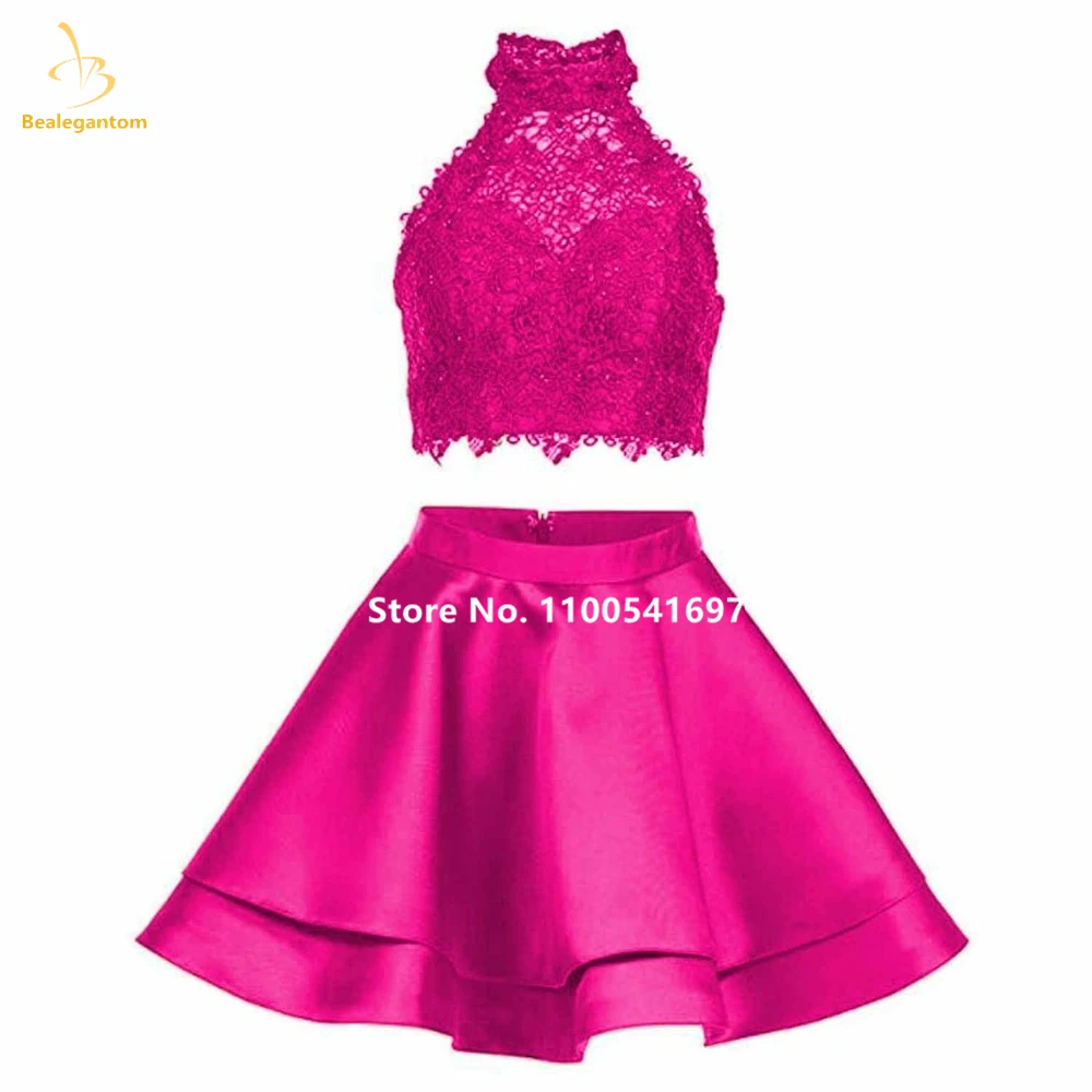 Bealegantom Prom Homecoming Vestidos Curto Rendas 2 Peças Halter Alta Pescoço Mini Cocktail Graudation Partido Vestidos Custom Made