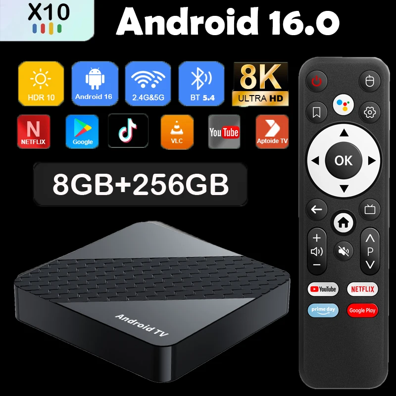 

Android 16 Smart TV Box X10 8 ГБ + 256 ГБ Rockchip RK3518 Google Assistant 8K Видео Bluetooth5.4 Медиаплеер Очень быстрая телеприставка