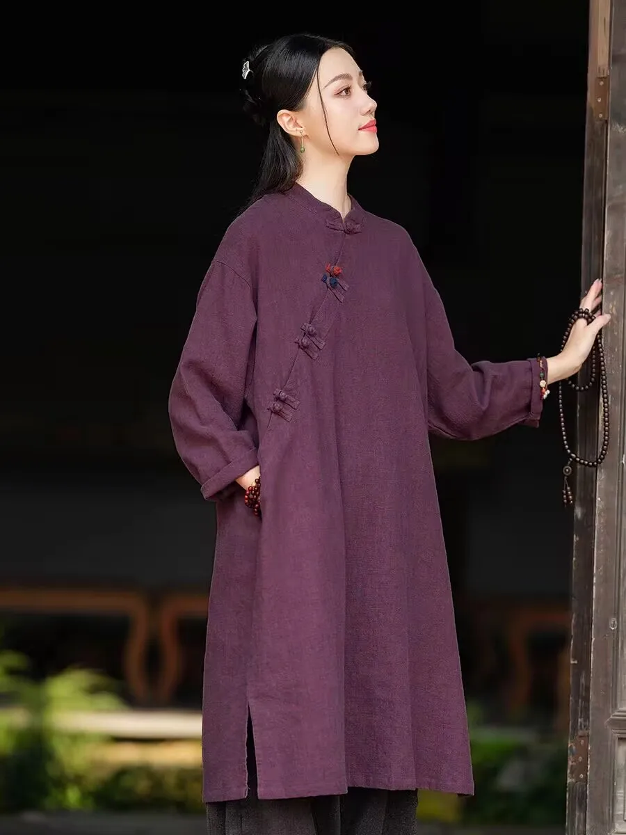 Camicetta lunga in cotone Ramie Dress 2025 Autunno Estate Nuova camicia a maniche lunghe Top Donna Abiti vintage in stile cinese N986