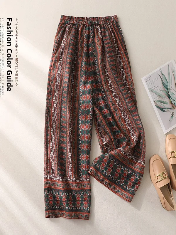 

Retro Floral Print Wide Leg Nine Points Casual Pants Brand Tailored for Women Autumn Winter Fashion Street Style Natural Waist