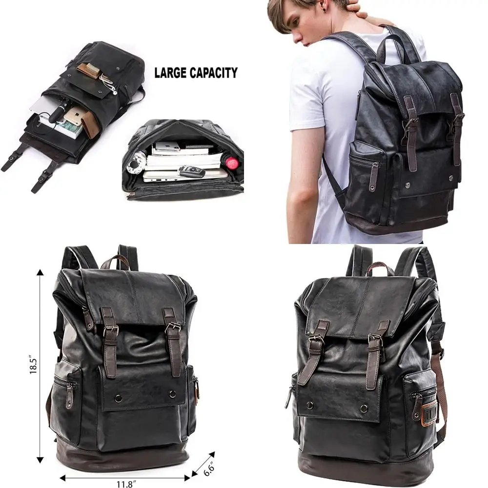 

Vintage Large PU Leather Laptop Backpack, Casual Daypack for Men - YZ11 Black