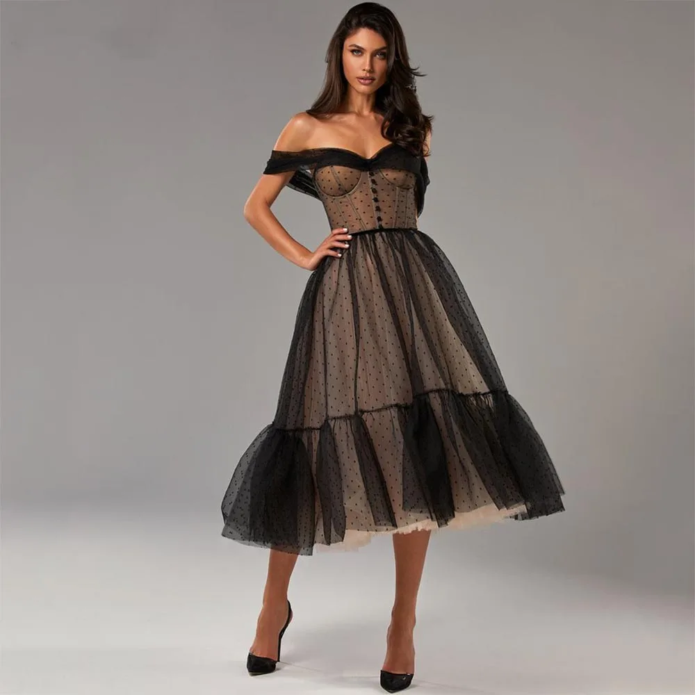 

2023 New Off The Shoulder Dot Tulle Prom Sweetheart Sleeveless Evening Dresses Tea-Length A-Line Party Gowns Vestidos De Fiesta