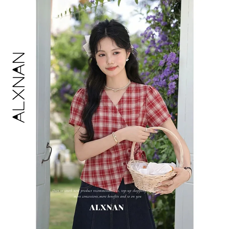

ALXNAN Red Plaid V-neck Shirt Puff Sleeves Vintage Wrap Tie Design Asymmetrical Hem Blouses Women Elegant Fashion Tops L65916A