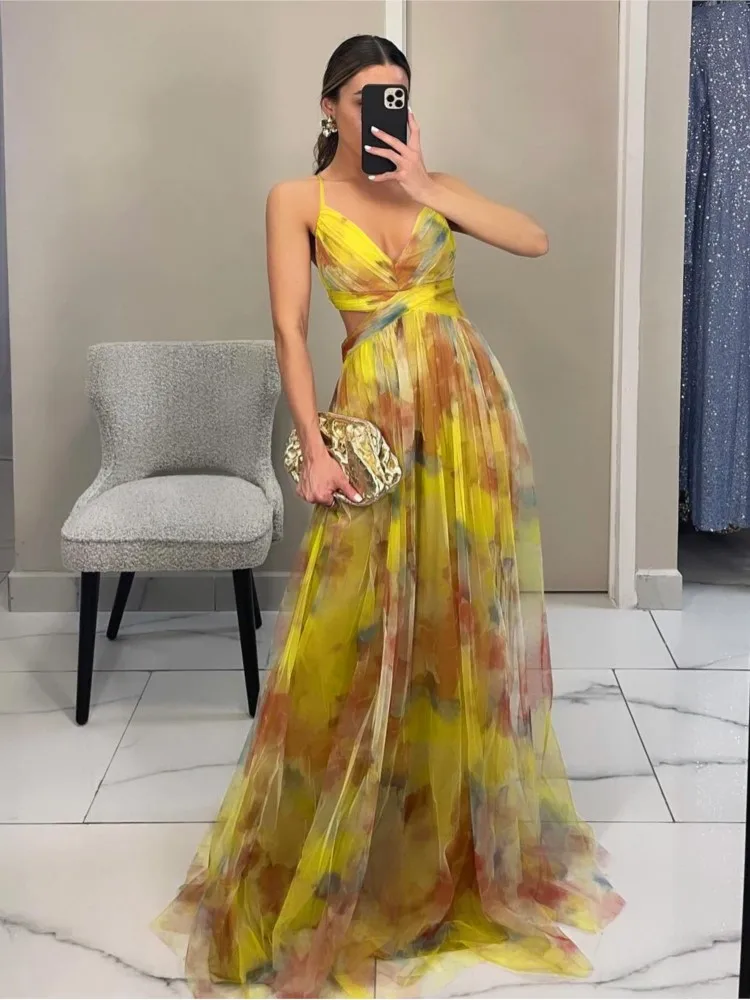 

Mesh Printed Suspender Dress Spring Summer New Women's Sexy V-neck Holiday Casual Party Long Dress Ropa Para Mujer Vestidos