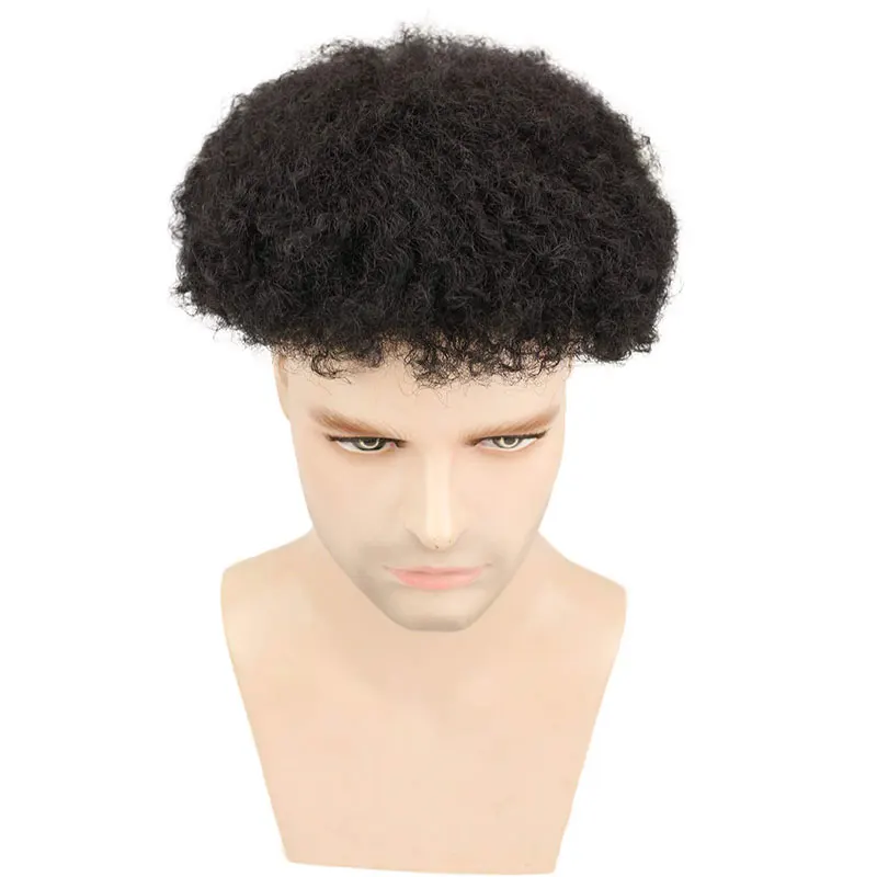 Wig rambut manusia hitam Afro Kinky Toupee renda dengan sistem pengganti rambut PU Afro Kinky keriting lndian Remy