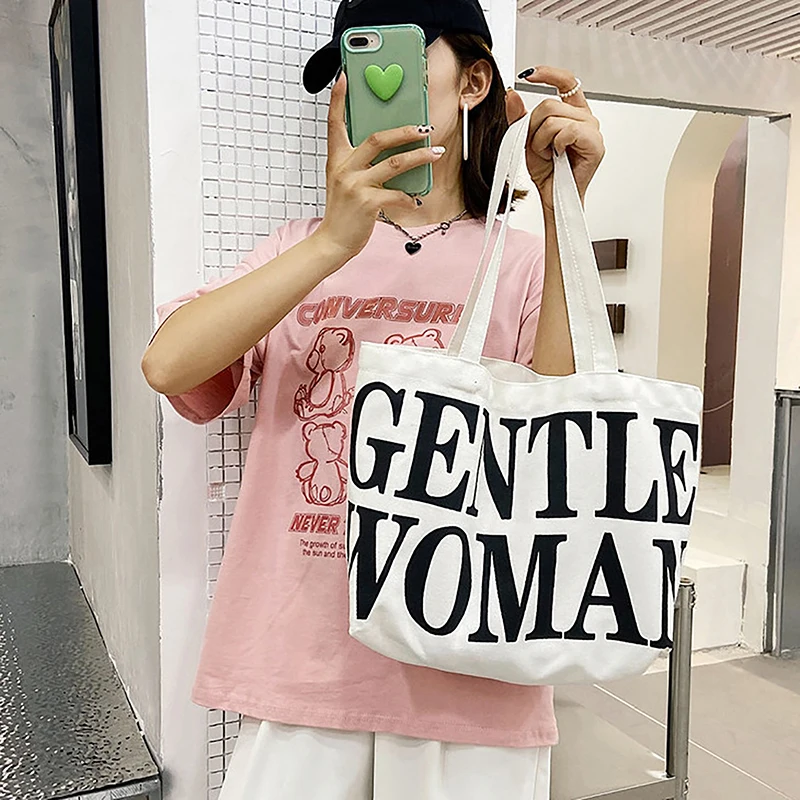 Creative Korean Style Fashion Canvas Tote Bag Casual Shoulder Bag Slogan English Letter Simple Large Capacity Crossbody Bag