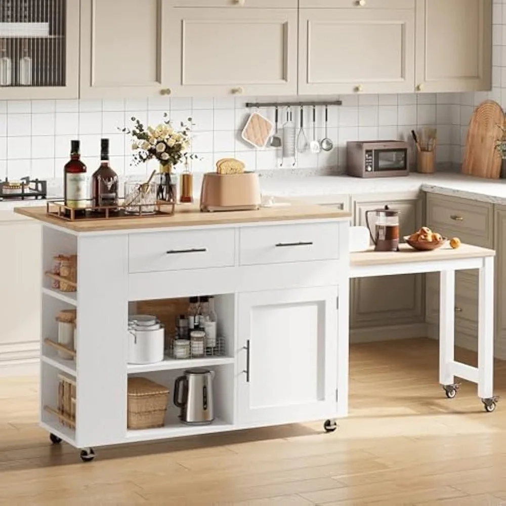 Rolling Kitchen Island with Drop Leaf and Expandable Table, Storage Drawers and Built-in Power Outlet